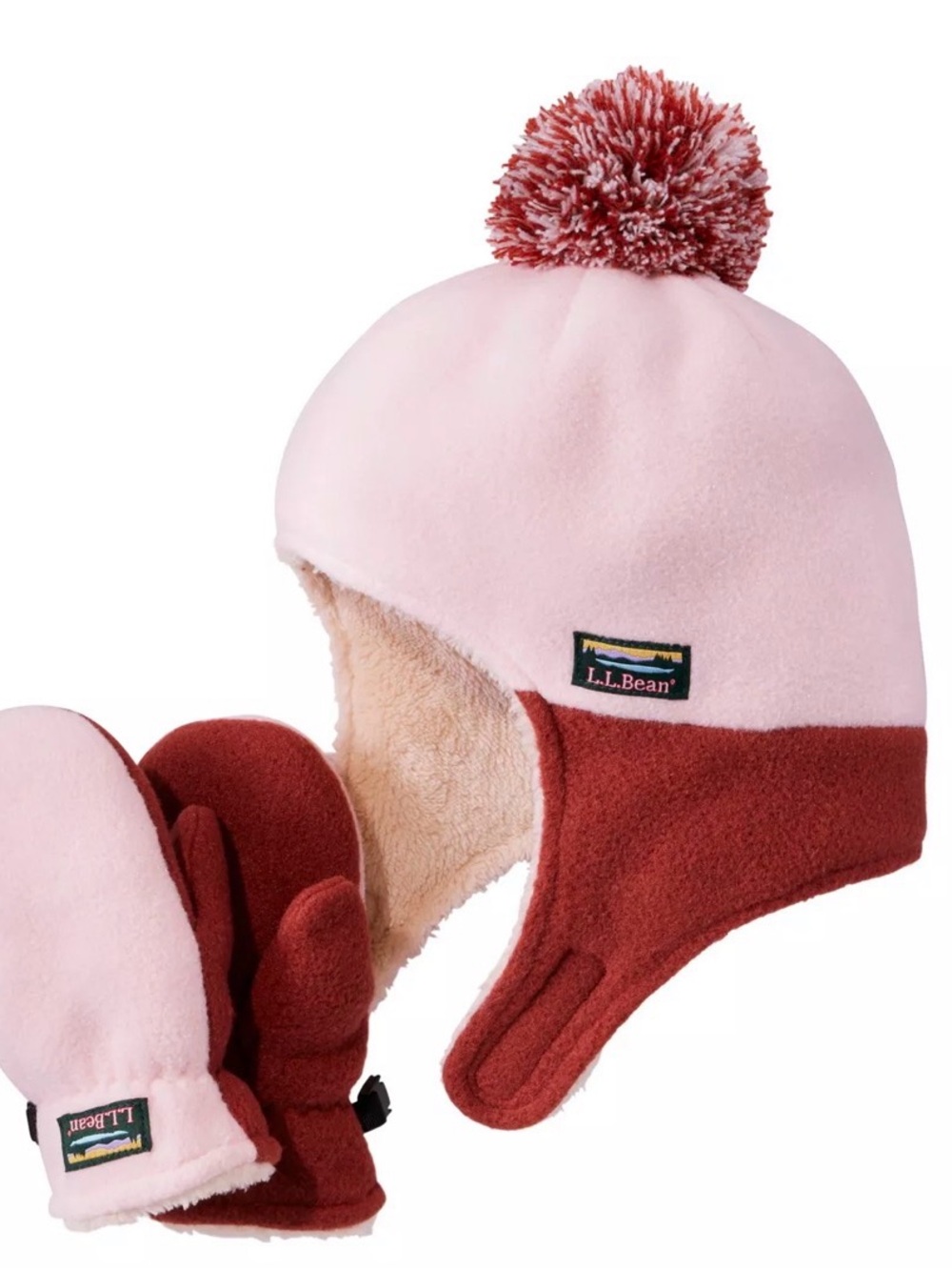 L.L. Bean Pink and Rust Fleece Pom-Pom Trapper Hat with Mittens